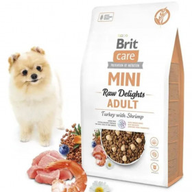 Пълноценна суха храна за кучета от малки породи Brit Care Mini FD Raw Delights Turkey with Shrimp с лиофилизирани парченца сурово пуешко месо и скариди, БЕЗ зърно